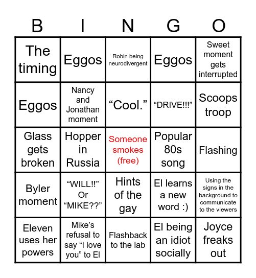 Stranger Things Episode Bingo Card