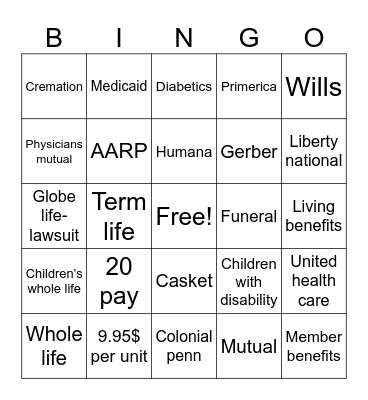 Insurance bingo Card