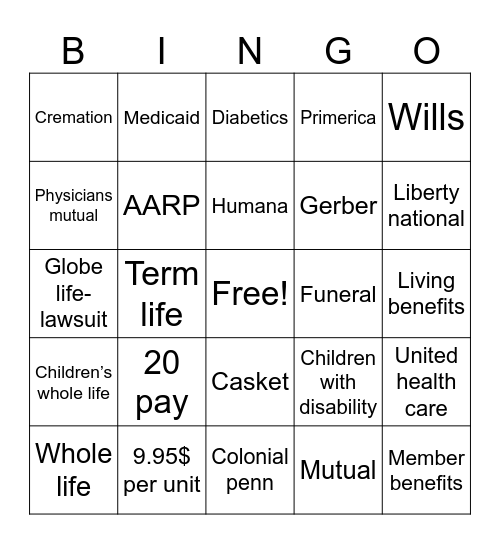 Insurance bingo Card