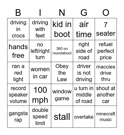 alex is driving Bingo Card