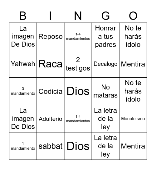 10 mandamientos Bingo Card