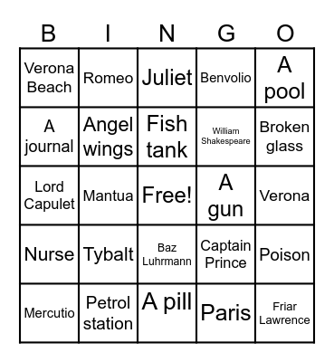 Romeo & Juliet Bingo Card