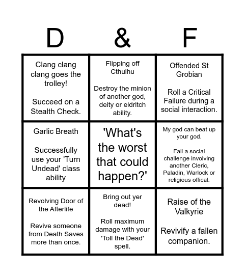 Cleric Tutorial Bingo Card