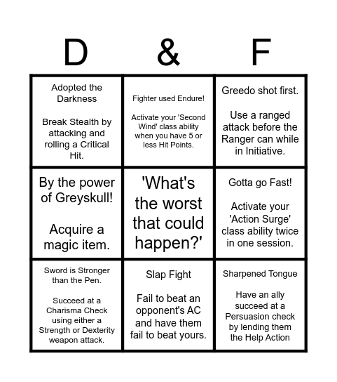 Fighter Tutorial Bingo Card