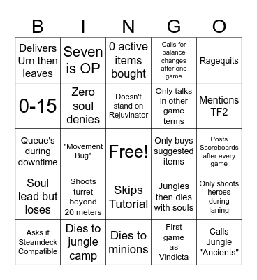 New Deadlock Player Bingo Card