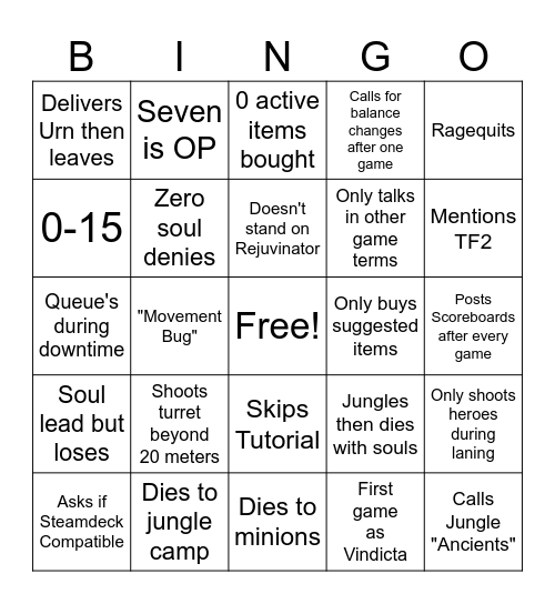 New Deadlock Player Bingo Card