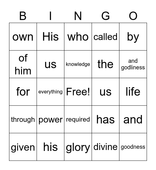 2 Peter 1:3 Bingo Card