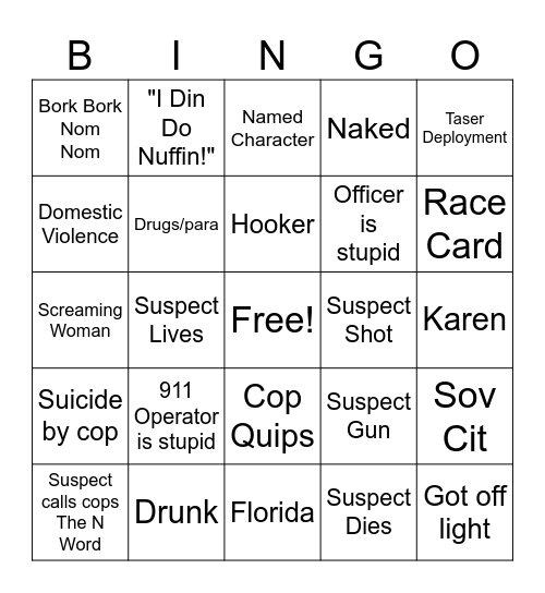 Bodycam Bingo Card