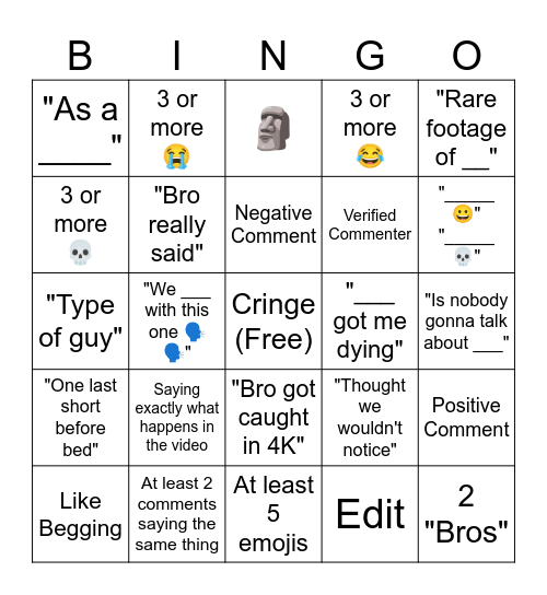 YT Comments Bingo Card