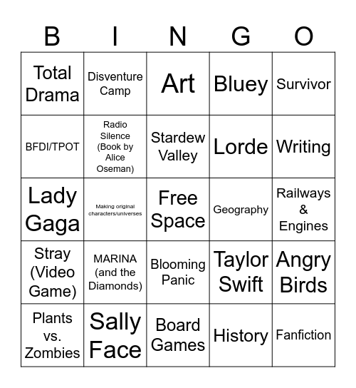 Kaelin shared interests/likes Bingo! Bingo Card