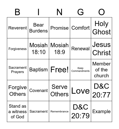 Baptism Bingo Card