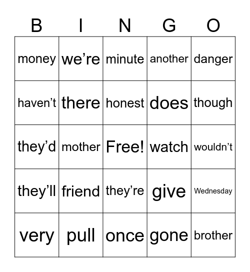 Grade 2 Red Words Bingo Card