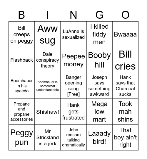 King of the hill Bingo Card
