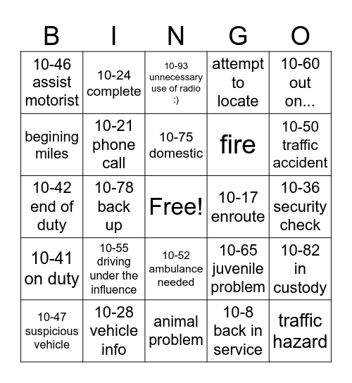 DUI BINGO Card