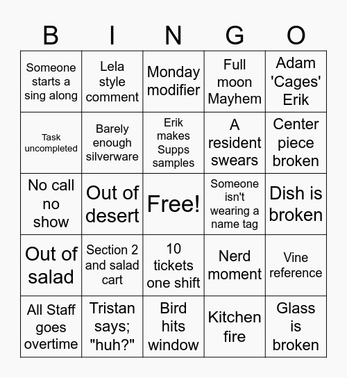 Dining Room Bingo Card