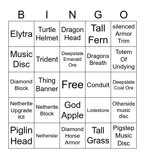 Minecraft Item Hunt Bingo Card