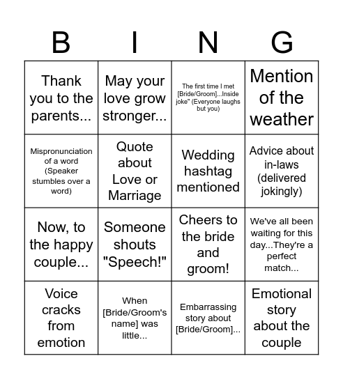 Wedding Table Bingo Card