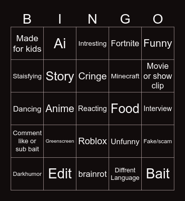 Yt shorts Bingo Card