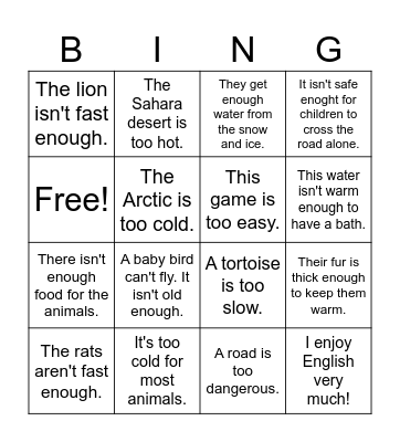 too/enough Look 5 unit 5 Bingo Card