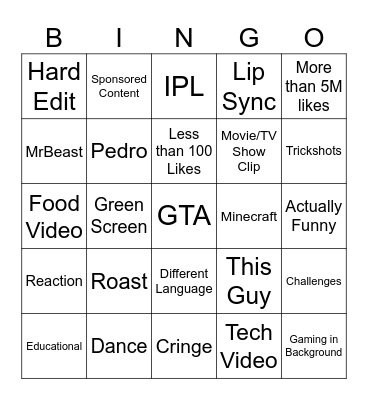 YT Shorts Bingo Card