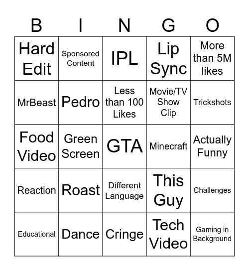 YT Shorts Bingo Card