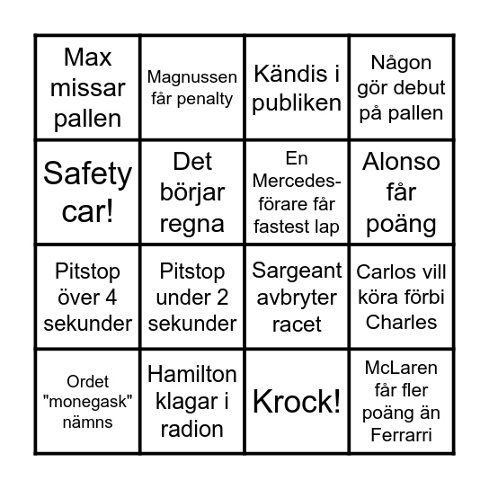 F1 Watch Party 26 maj Bingo Card