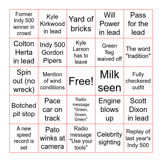 Indy 500 Bingo Card