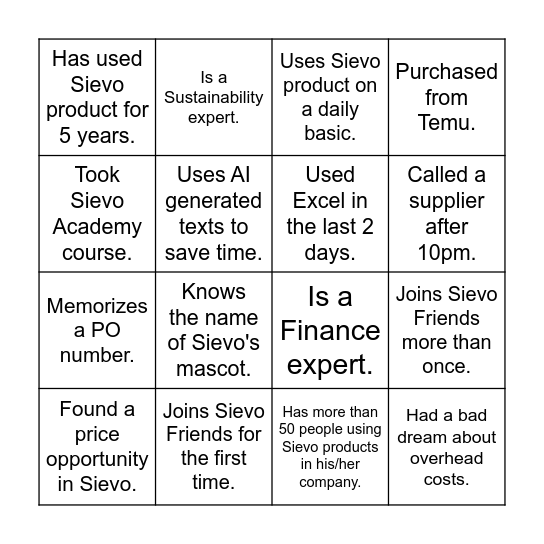 Procurement Bingo. Find a new Friend in the party today, who.... Bingo Card