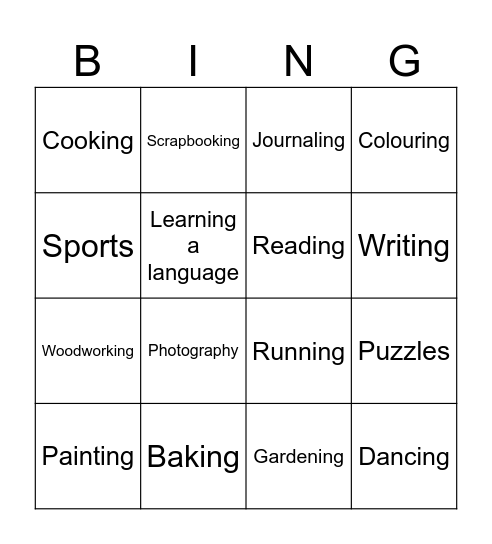 Fun Hobbies Just For You! Bingo Card