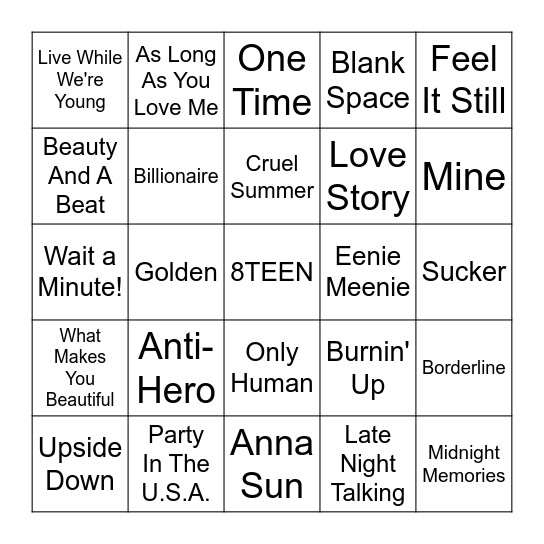 Songs That Maria Probably Likes Bingo Card