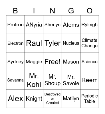1st Hour Bingo Card