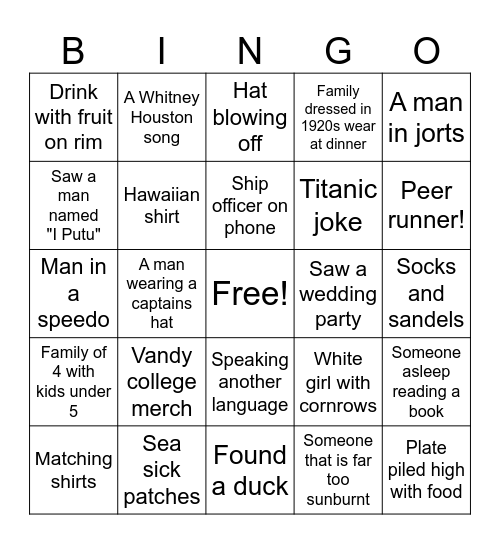 Cruise Bingo Card