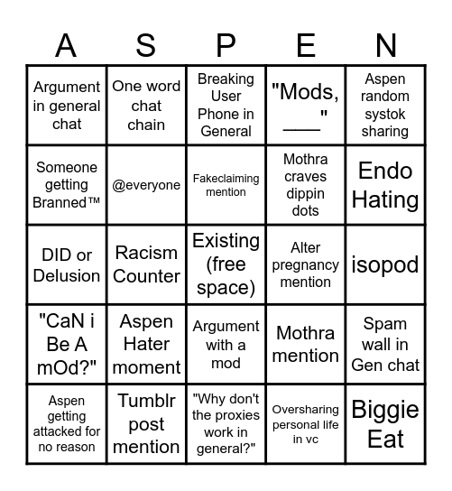 ASPEN'S ENTOURAGE BINGO BOARD Bingo Card