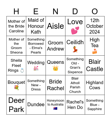 Rachel's Hen Do Bingo Card