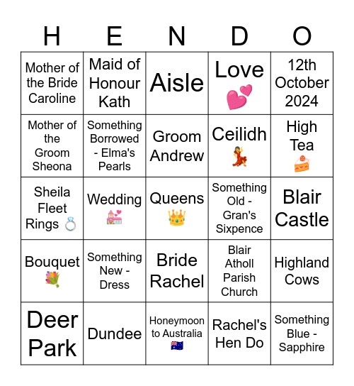 Rachel's Hen Do Bingo Card