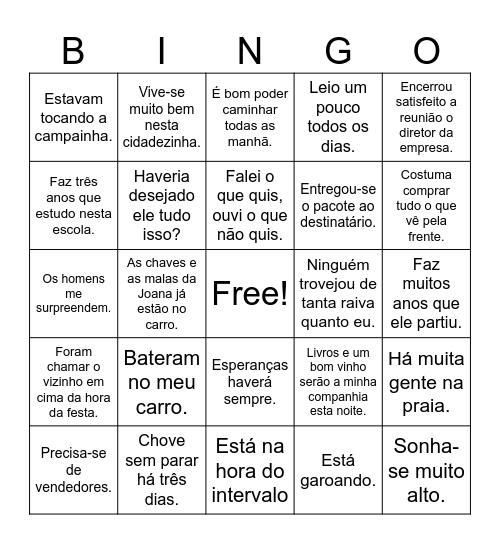 Tipos de Sujeito Bingo Card