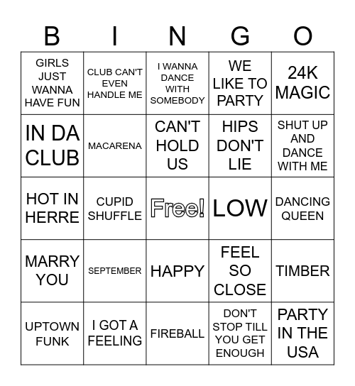 WEDDING RECEPTION MUSIC Bingo Card