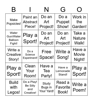 Summer Activities Bingo Card