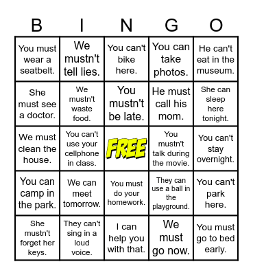 Bingo - Modal Verbs (must, mustn't, can, can't) Bingo Card