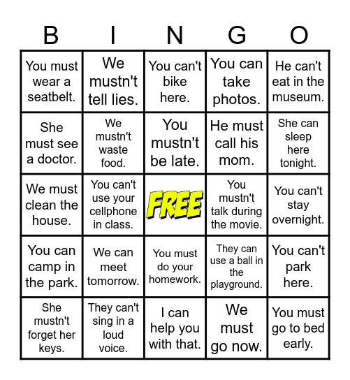 Bingo - Modal Verbs (must, mustn't, can, can't) Bingo Card