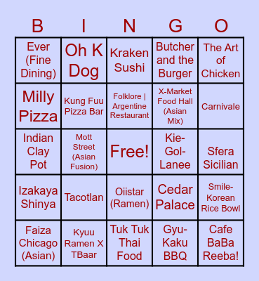 Restaurants to Check Out Bingo Card