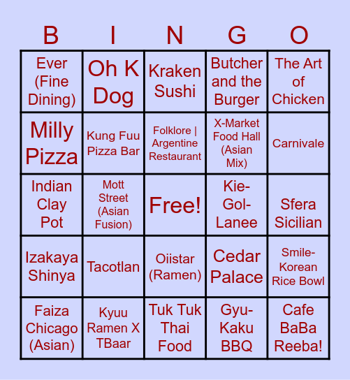 Restaurants to Check Out Bingo Card