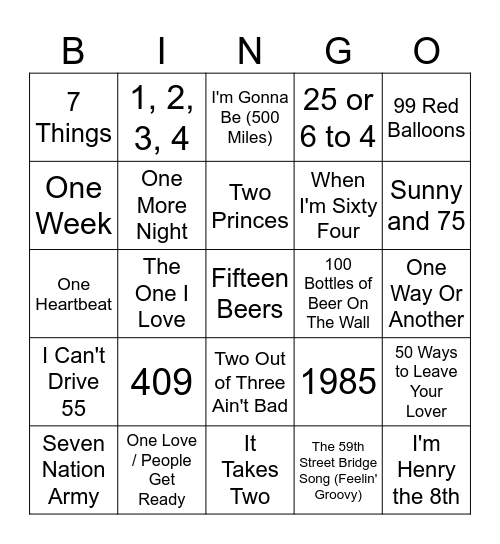 Songs With A Number In The Title Bingo Card