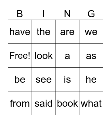 Heart Word - 1-34 Bingo Card