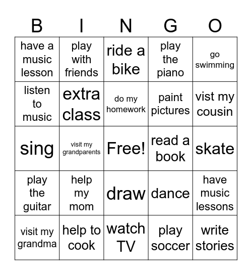 After School Activities Bingo Card