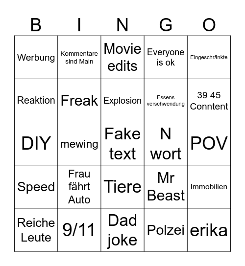 Insta REELS Bingo Card