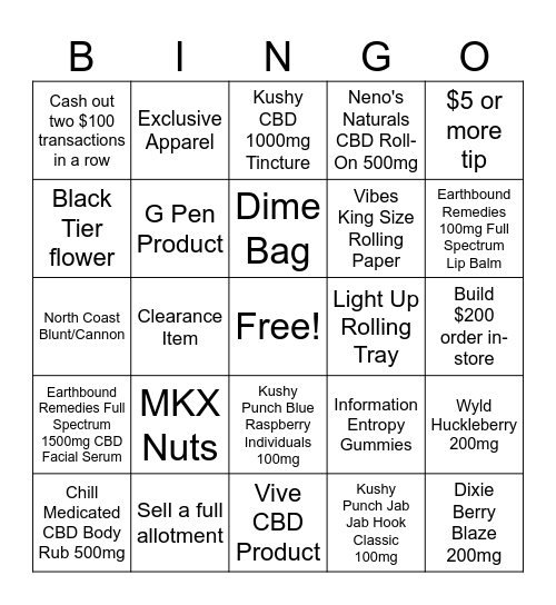 Budtender Bingo Card