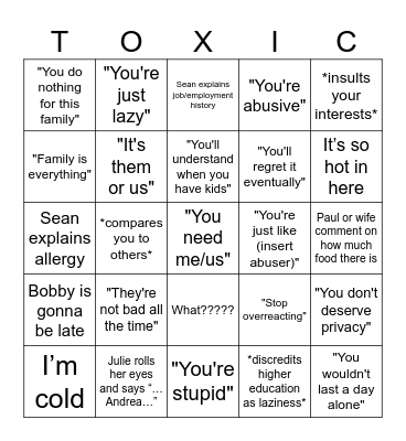 Toxic Family Bingo Card