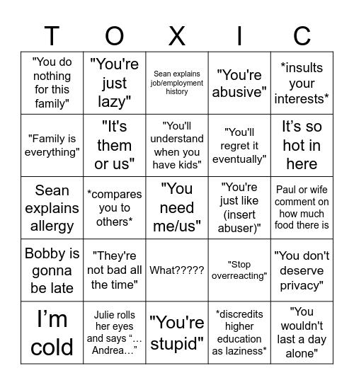 Toxic Family Bingo Card