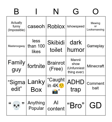 YT shorts bingo Card